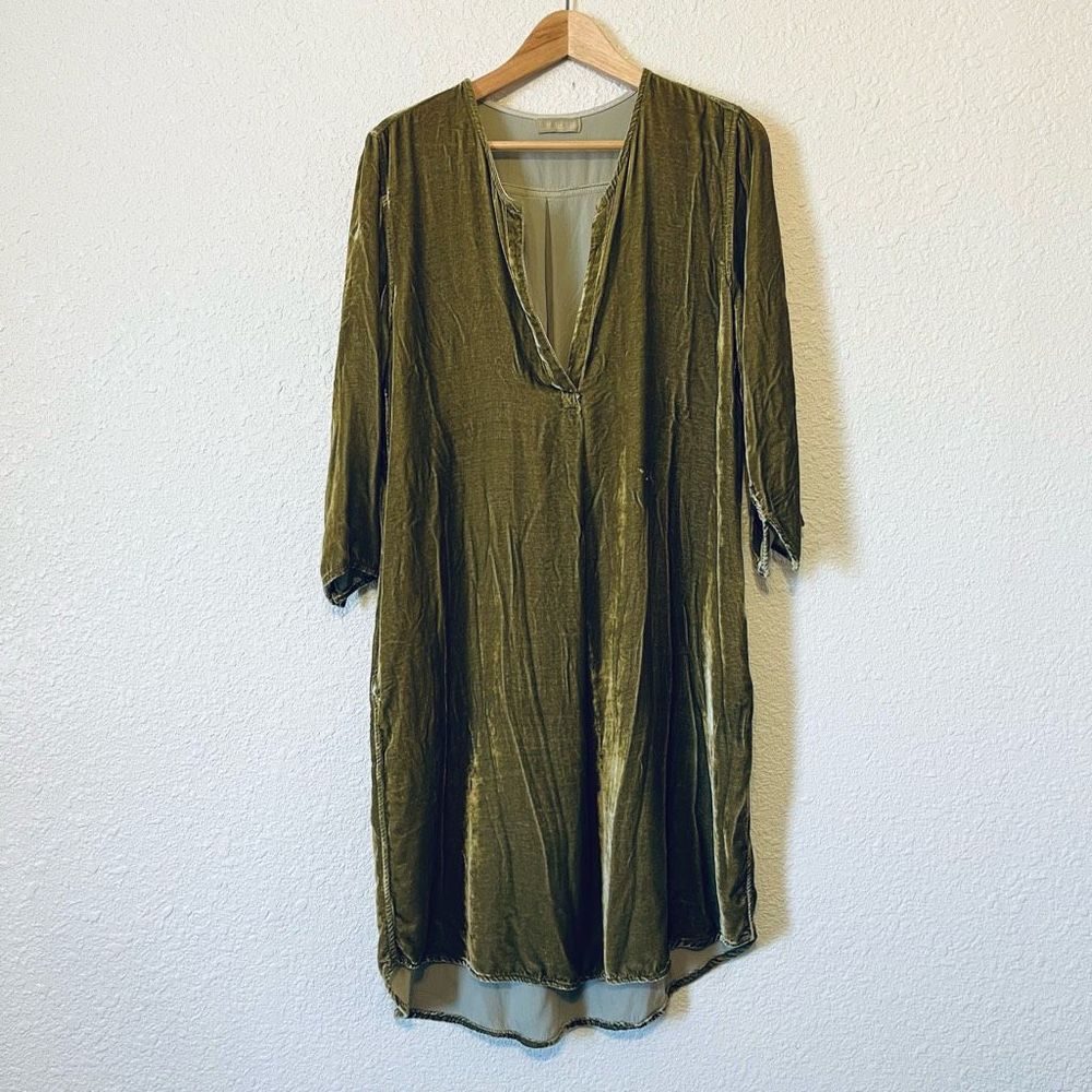 CP Shades Olive Velvet V-Neck Midi Dress